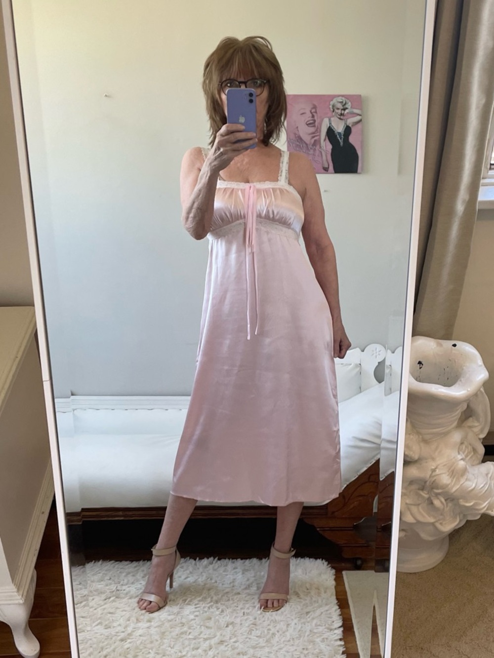 LIGHT PINK WHITE LACE STRETCH STRAPS EMPIRE WAIST RIBBON SLIP NIGHTDRESS CHEMISE